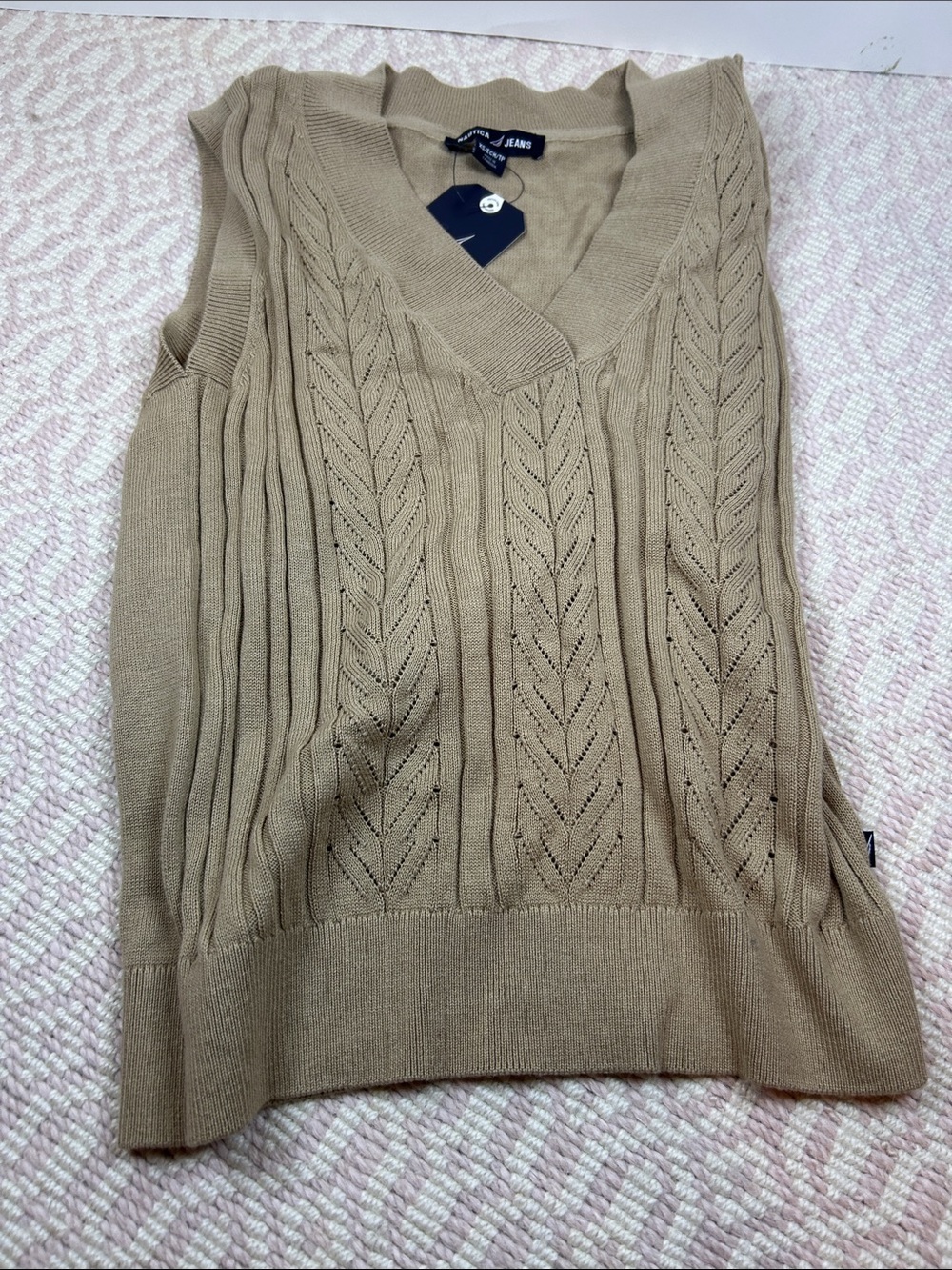 Nautica Taupe V-Neck Cable Knit Sleeveless Sweater Vest